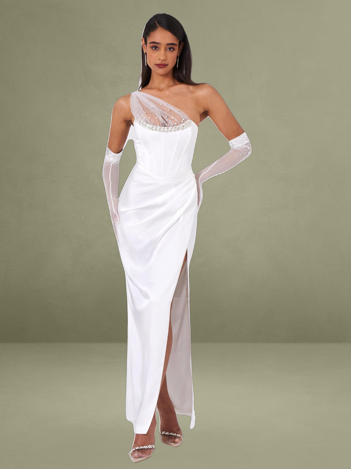 Lora White Crystal Embellished Mesh Satin Corset Gown