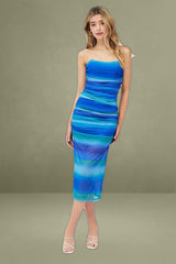 Blue Print Maxi Dress Strapless Ruched Ombre Mesh Bodycon