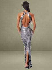 Abril Ruched Silver Glitter Backless Gown