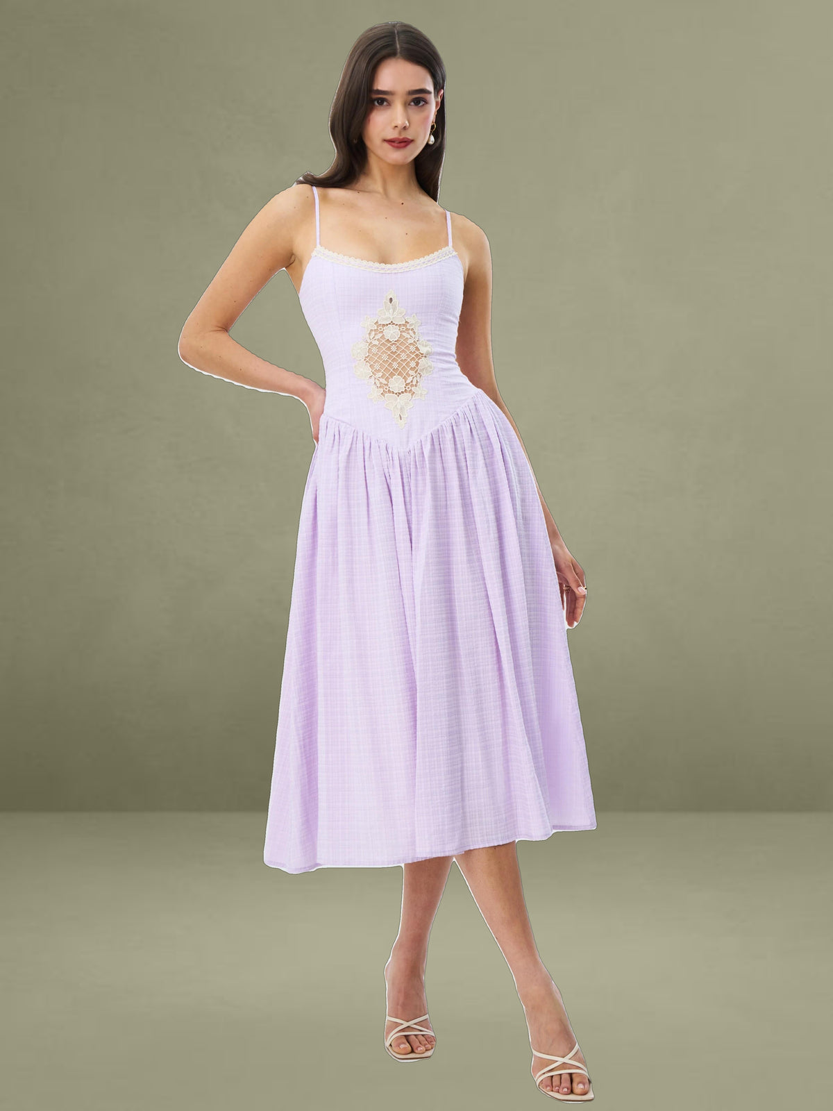 Jaclyn Lavender Lace Trim Cutout Seersucker Midi Dress
