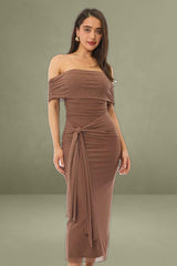 Brown Bodycon Dress Off Shoulder Mesh
