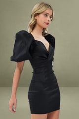 Black Statement Puff Sleeve Wrap Dress