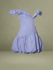 Sablee Checkered Puffy Off Shoulder Trim Bubble Hem Mini Dress